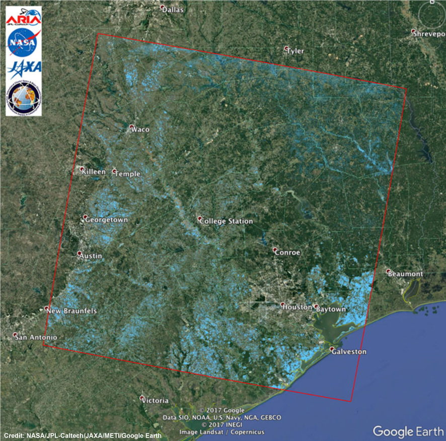 ハリケーン”ハービー”により浸水がもたらされたと推定されるエリアを青色で表示