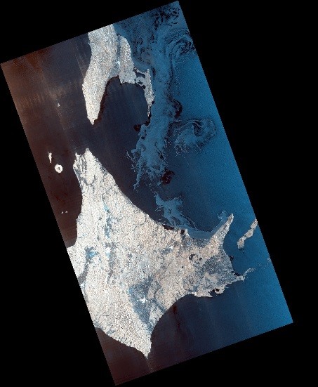 陸域観測技術衛星2号「だいち2号」が観測した、オホーツク海氷の様子。