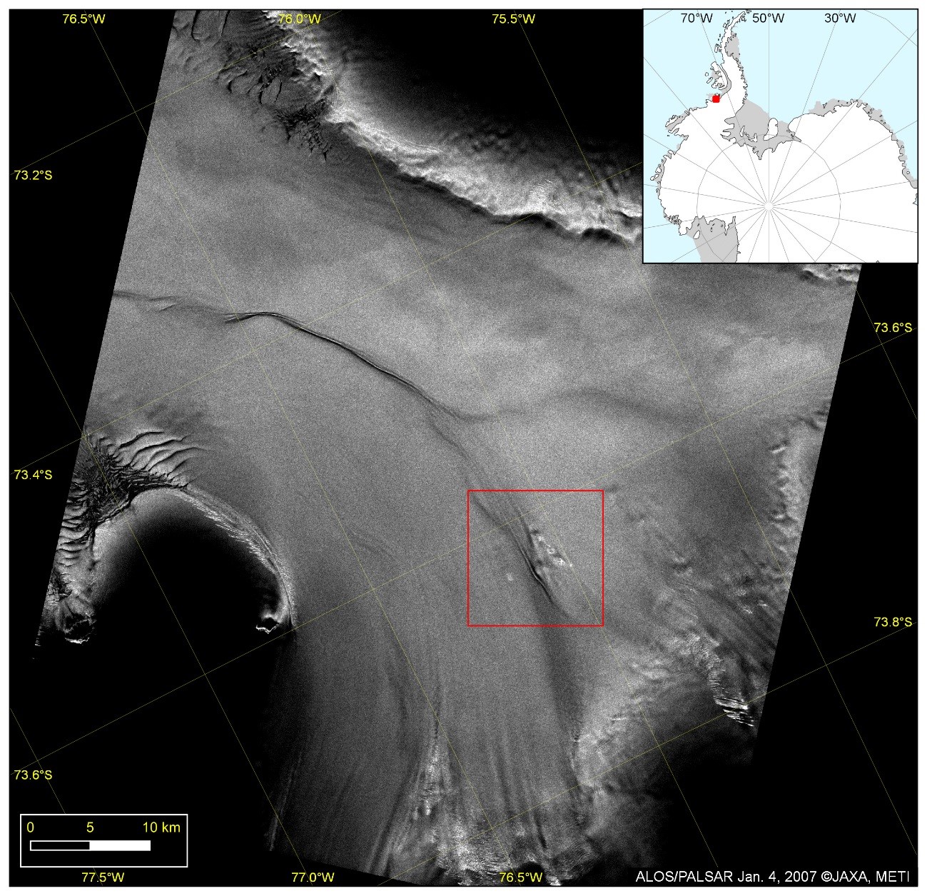 図2：「だいち」（ALOS）が観測した「Alos Ice Rumples」付近の様子（2007年1月4日観測）