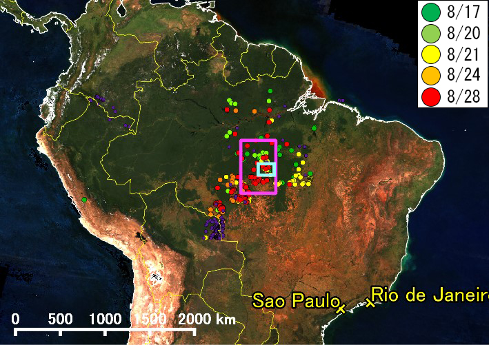 （a）: アマゾン周辺広域(2019年7月のGCOM-Cの雲なし可視画像)　