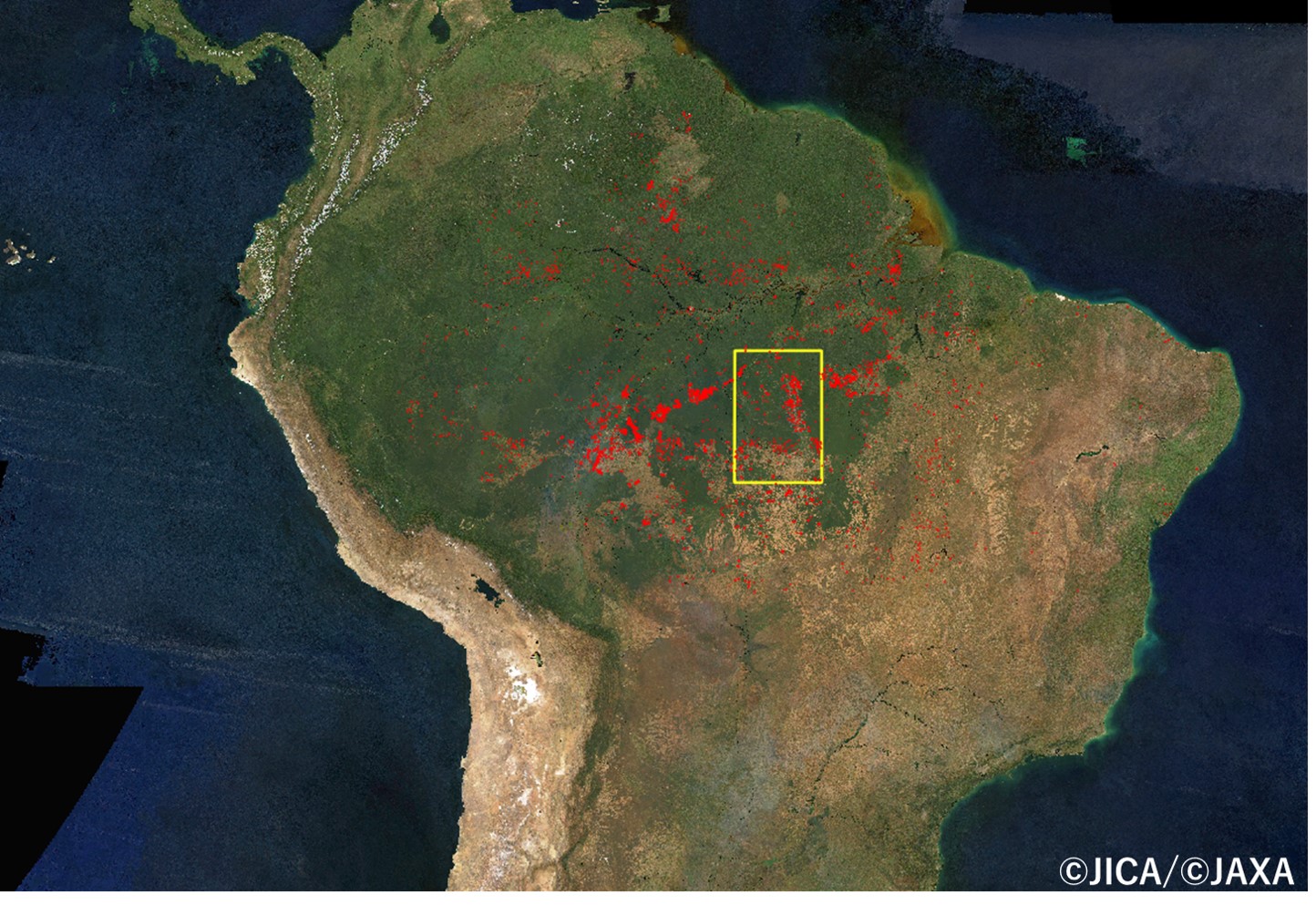 図3-1：ブラジル付近におけるALOS-2による森林面積減少域の検出結果（赤プロット, 2019年8月12～25日）