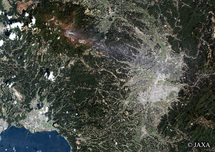 だいちから見た日本の都市 都城市降灰のようす：衛星画像